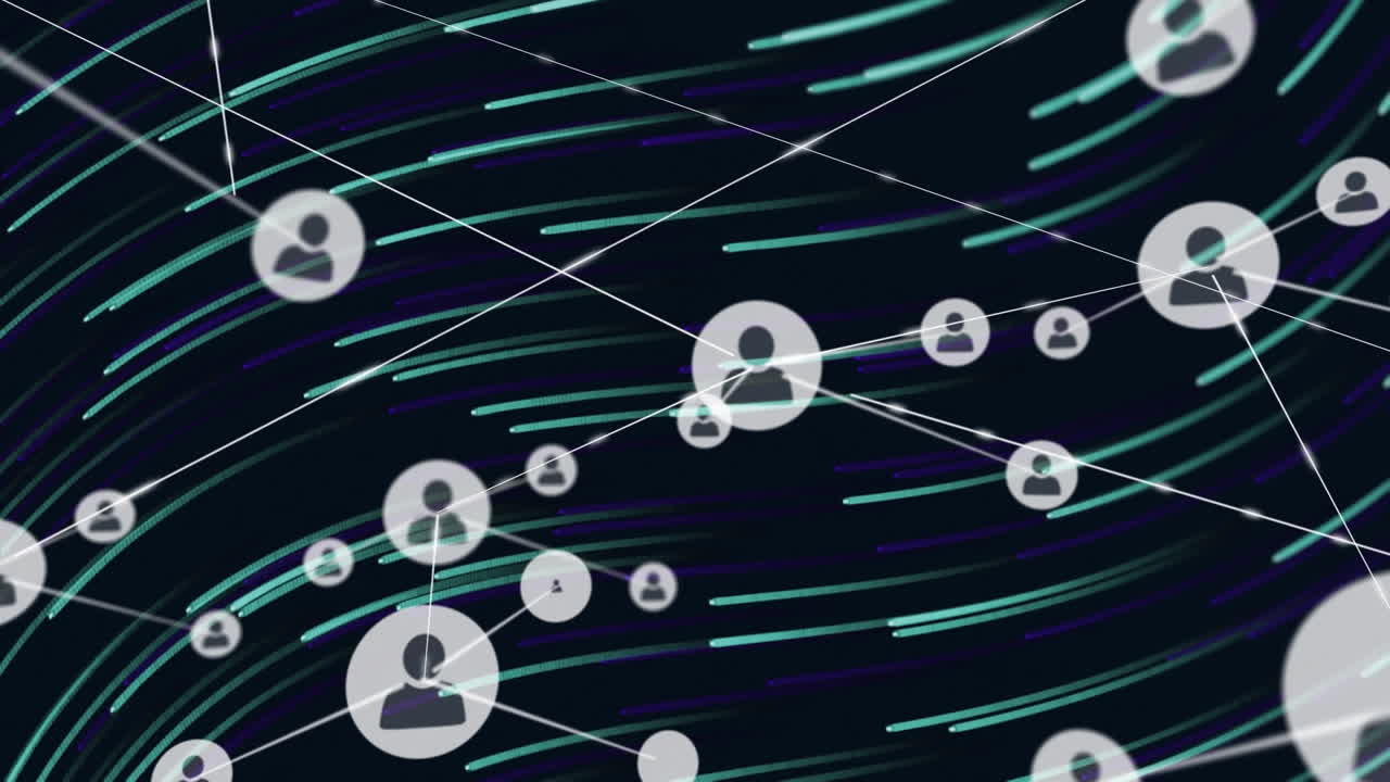 Animation of network of profile icons over green and blue wavy lines moving against black background