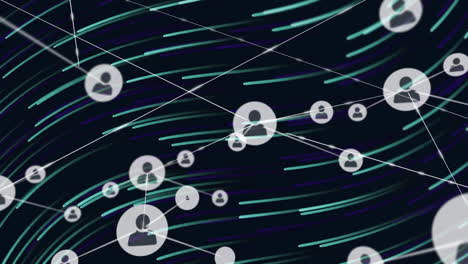animation of network of profile icons over green and blue wavy lines moving against black background