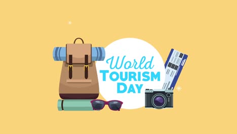 letras del día mundial del turismo con iconos de viaje alrededor