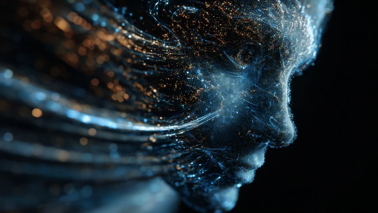 A mesmerizing visual representation of an ethereal figure crafted from cascading streams of light and cosmic elements, evoking a sense of beauty and the intricacies of the universe captured in stunning detail