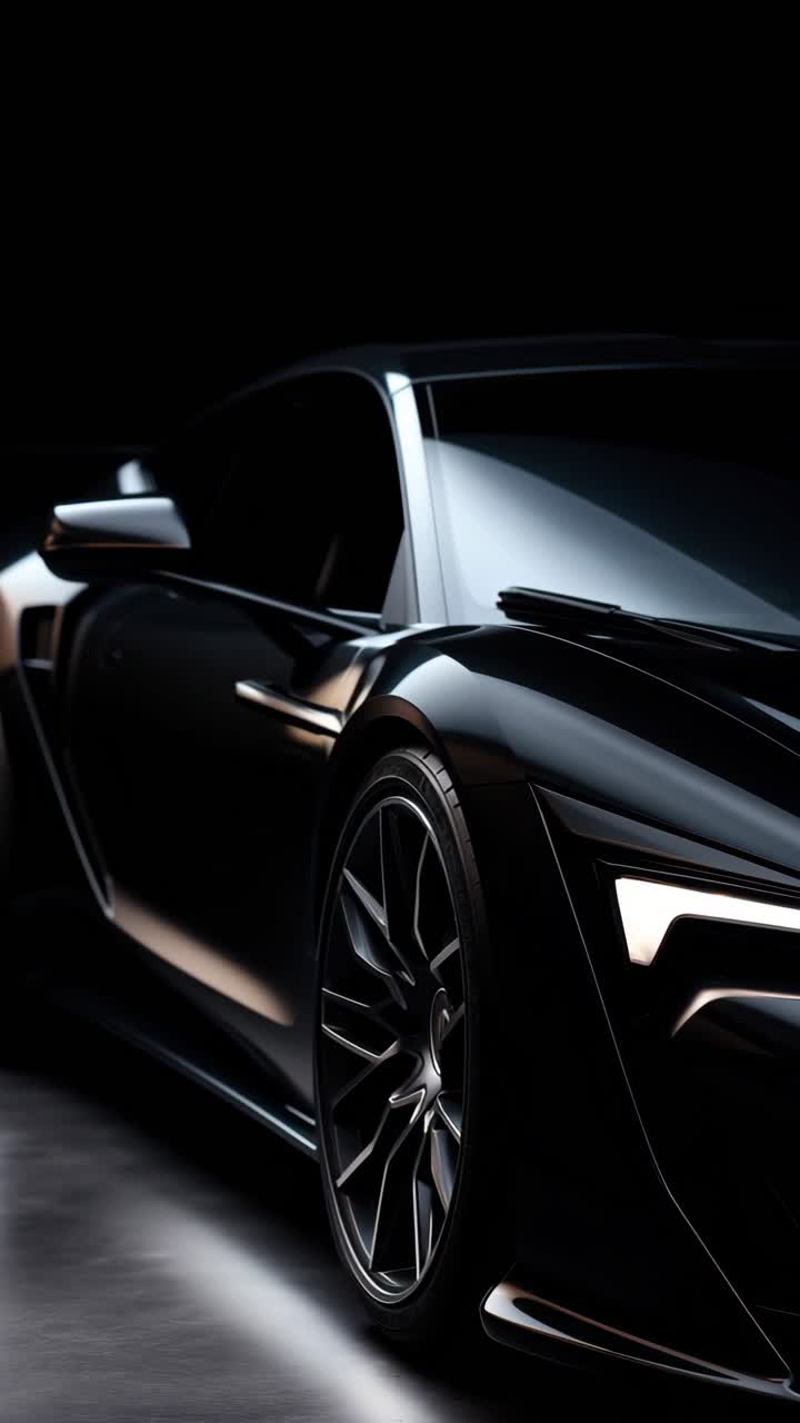 Sleek sports car in a low-angle shot, highlighting its aerodynamic design and glossy finish