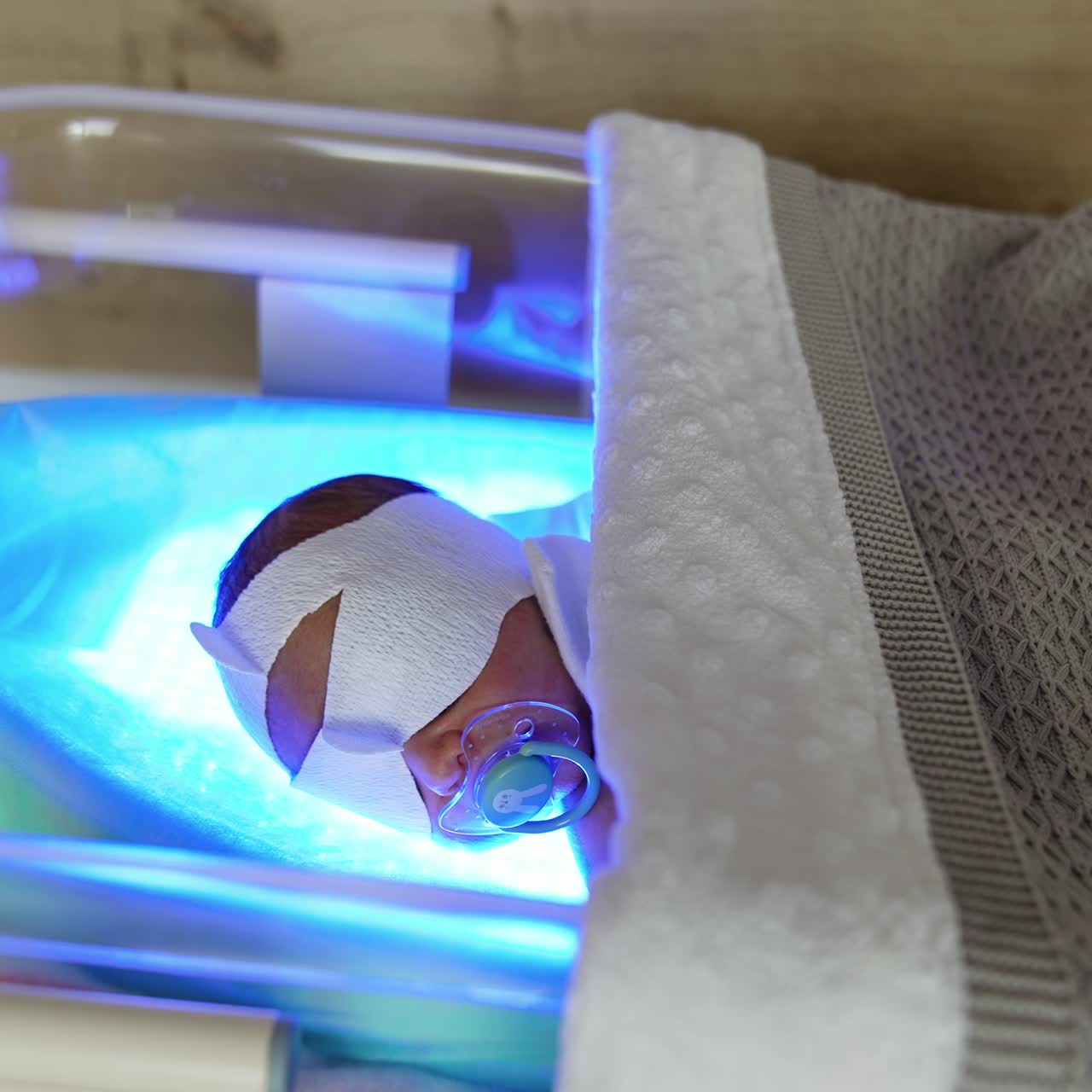 Caucasian baby with protective bandage on eyes lies in a hospital crib. Infant having a phototherapy from jaundice