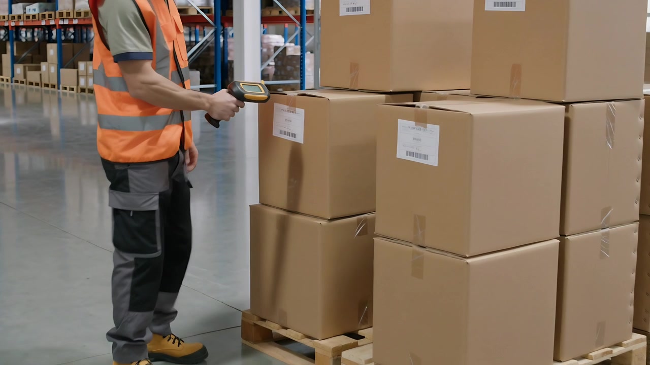 Trabajador escaneando en almacén con chaleco de alta visibilidad, verificando inventario con escáner en cajas, espacio para texto.