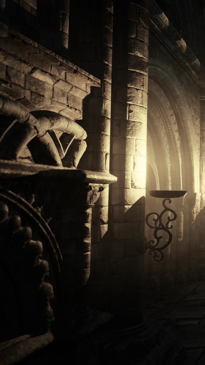 Lighting and stonework in a dark room near a fireplace with shadows
