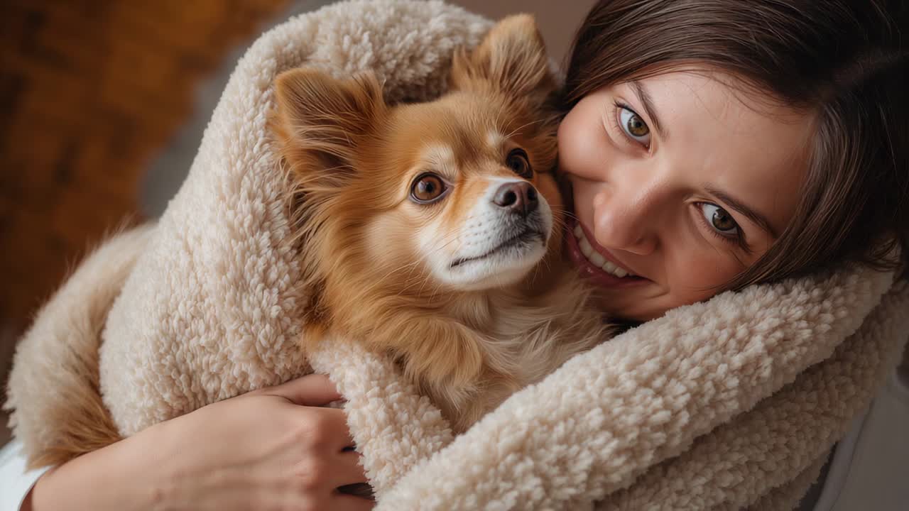 Donna che culla un cane dopo averlo avvolto in una coperta sherpa, appoggiando la testa e sorridendo in casa per comfort