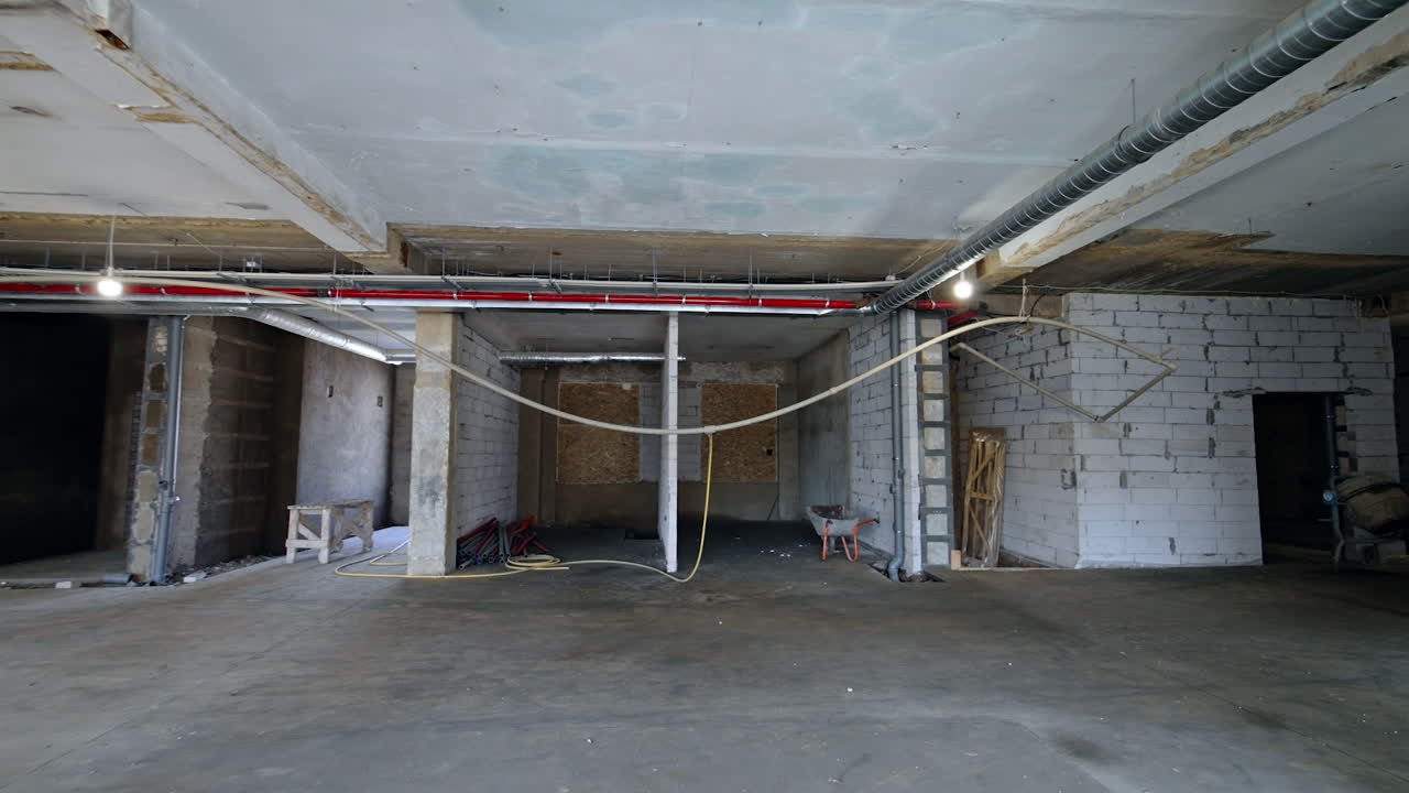 Progetto di ristrutturazione di uno spazio commerciale. Operai edili preparano uno spazio commerciale vuoto per la ristrutturazione con pareti e impianti idraulici a vista.