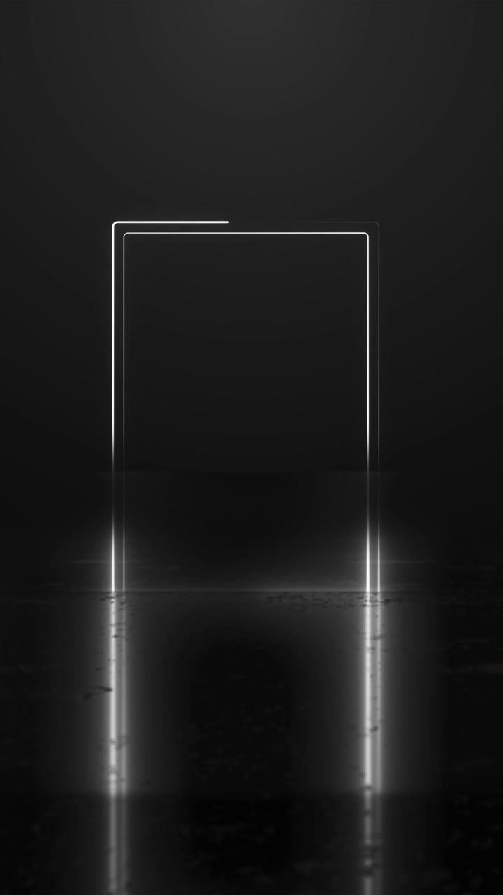Minimalistisk hvid neonportalbaggrund med glødende rektangulær døråbning, reflekterende gulv og mørke.