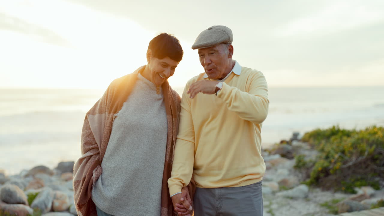 Holding hands, love or happy elderly couple walk
