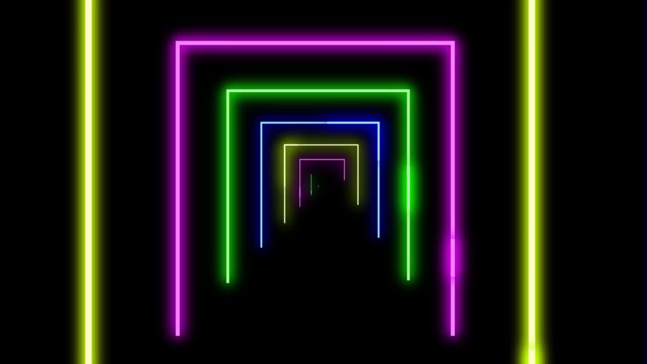 fondo abstracto con túnel de neón líneas brillantes formas geométricas, animación en bucle luces de colores fondo de bucle de cuadrícula