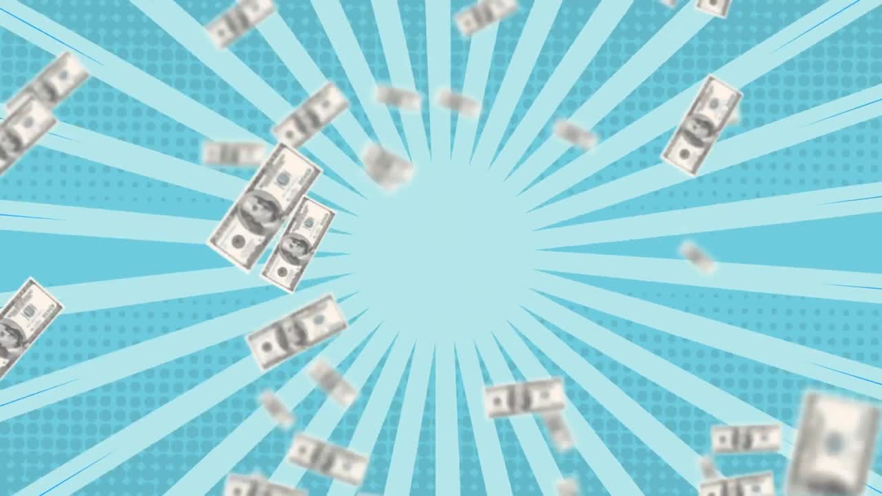 背景の回転する青いストライプの上に、紙吹雪とアメリカドル紙幣が舞い落ちるアニメーション