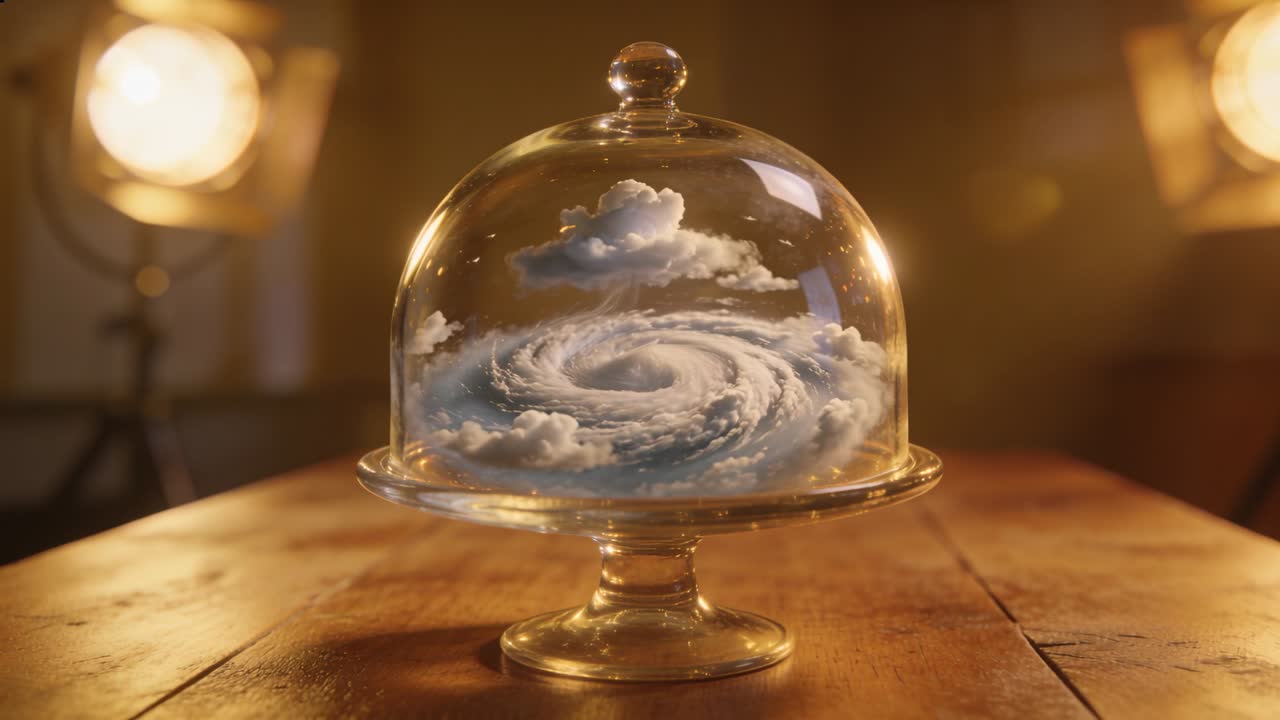 Swirling storm tightening into vortex and forming funnel inside glass cloche on table, with lamps
