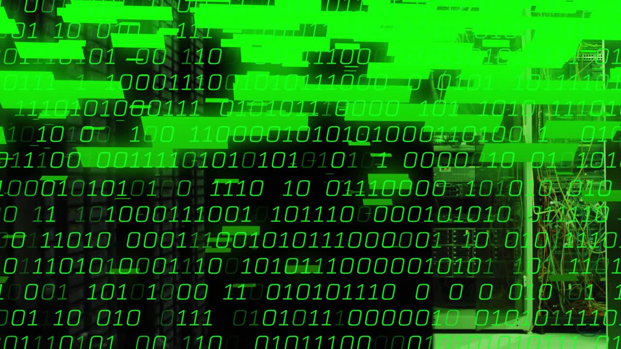 Green binary digits emerging, starting overlay showing net traffic and hiding racks and cabinet