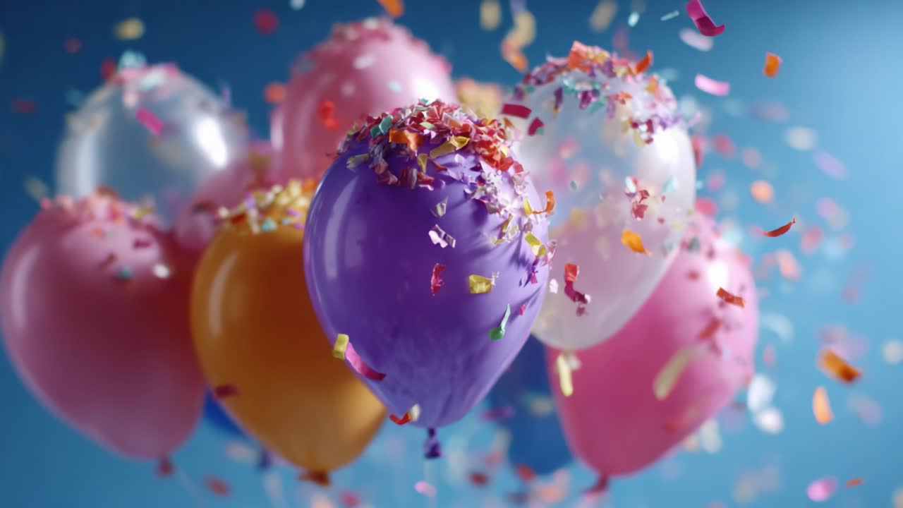 A Vibrant Collection of Colorful Balloons Surrounded by Shimmering Confetti Against a Bright Blue Background, Perfect for Celebrations and Festivities