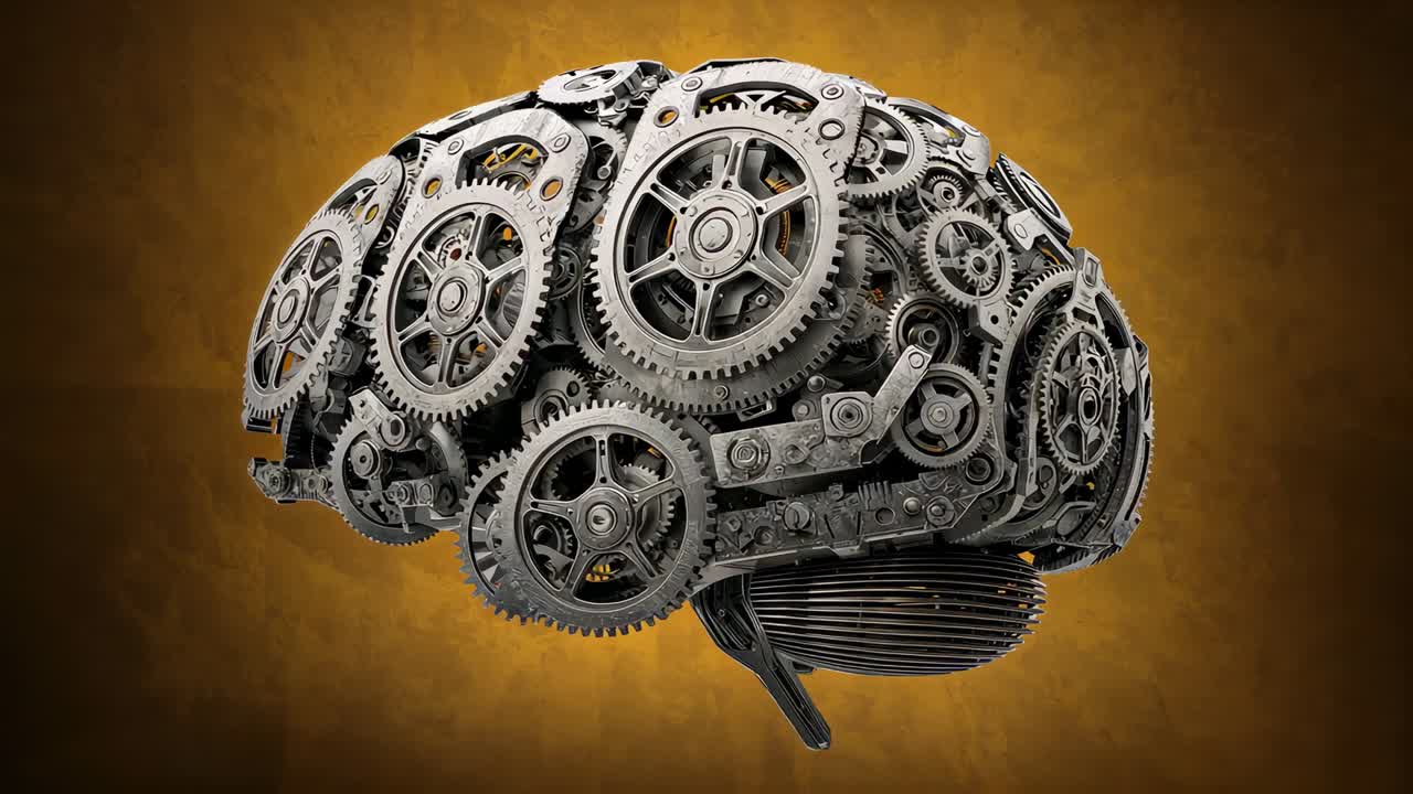 Motor starting, rotating gear-brain revealing gears and stem on golden backdrop, showing mechanics