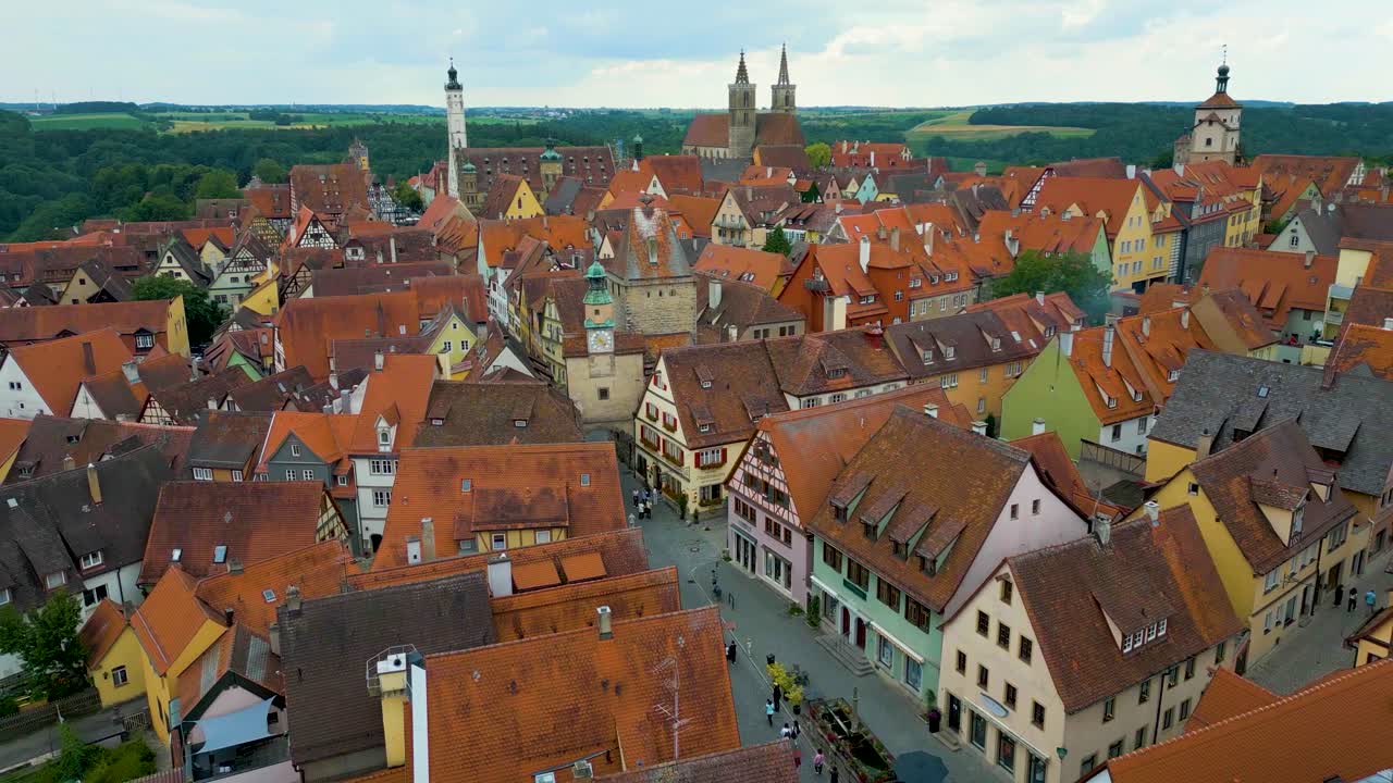 4K Aerial Drone Video of the Markus Tower and Half-Timbered Buildings of the Walled City of Rothenburg, Germany
