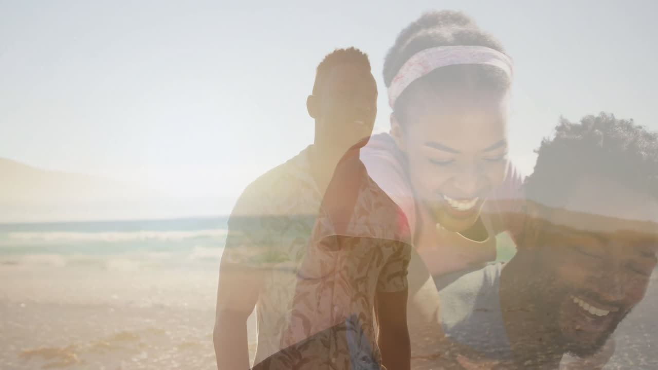 man standing on shallow ocean at sunset featuring smiling woman overlay while health graph floating