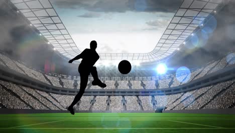 Animation-of-silhouette-of-football-player-kicking-ball-over-sports-stadium