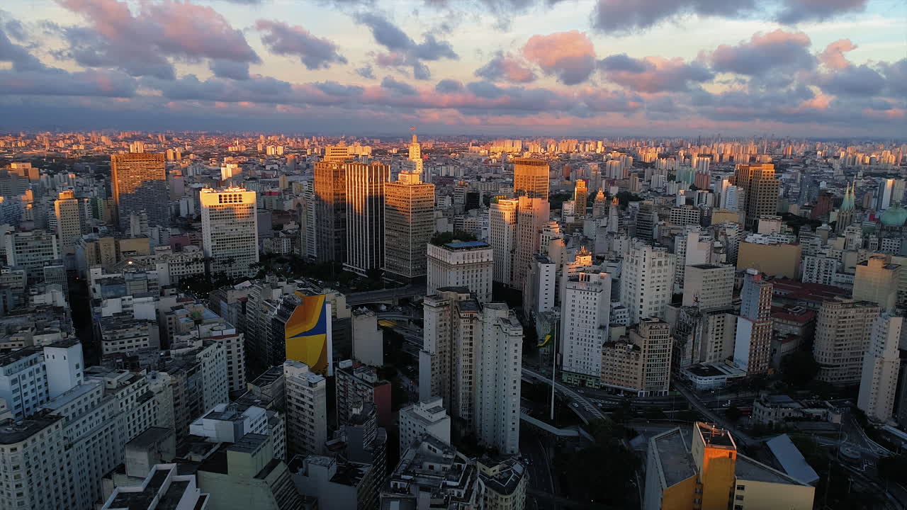 Aerial view to Sao Paulo downtown in sunset, Brazil