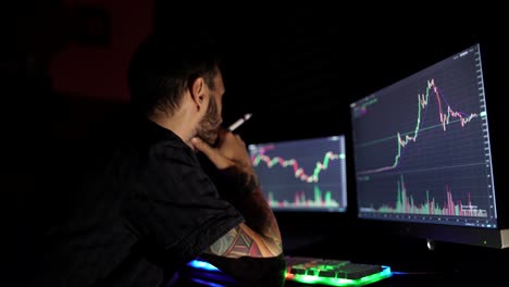 stockbroker in black shirt is working in a dark monitoring room with display screens looking at graphs