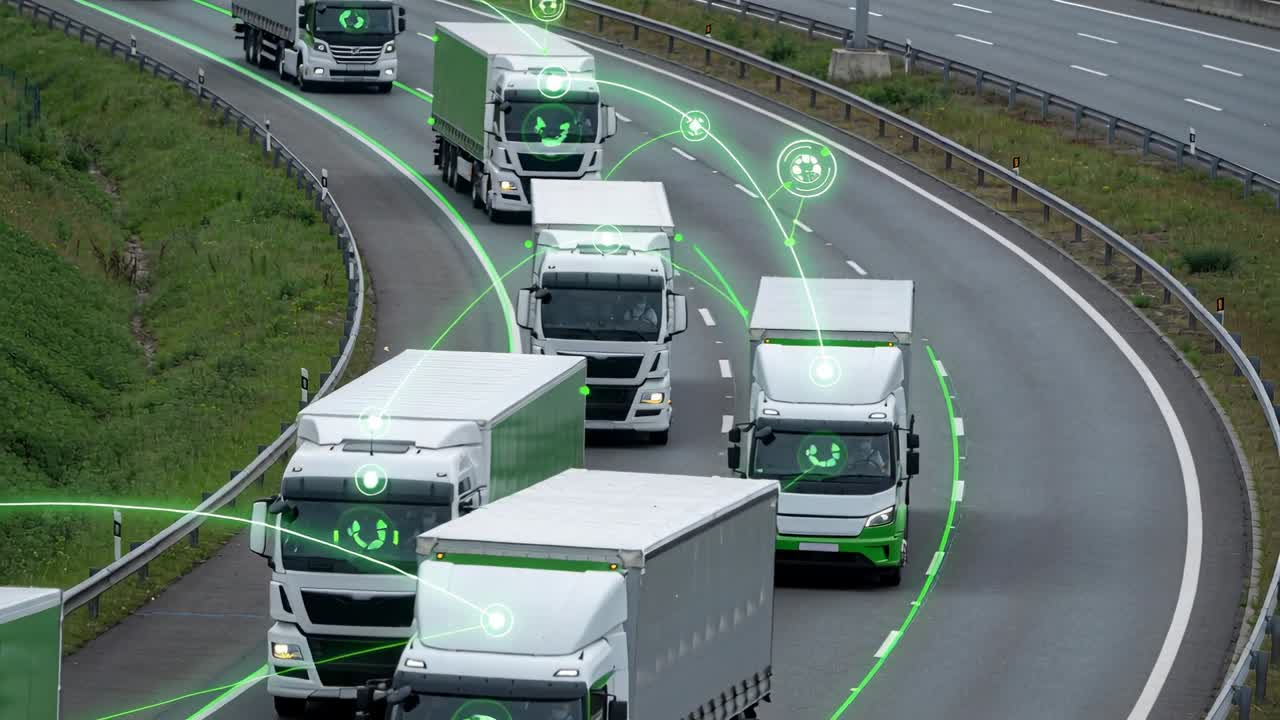 Convoglio di semirimorchi bianco-verdi che entra in una curva autostradale, in platooning con sovrapposizioni verdi che collegano i camion.