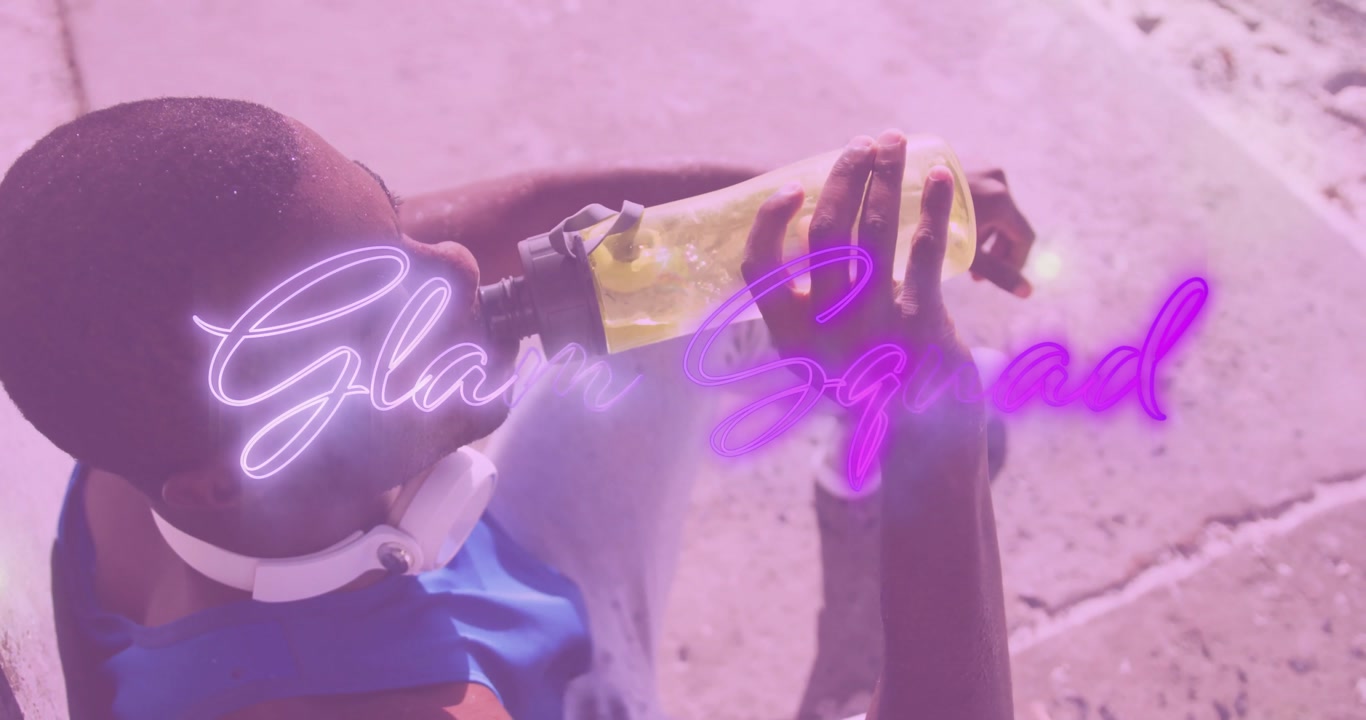 fitness athlete drinking from water bottle showing animated hydration meter, neon Glam Squad text