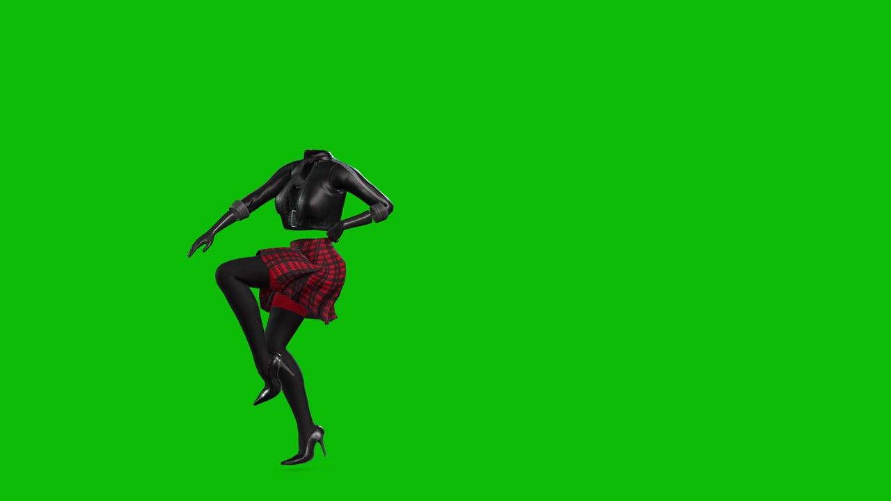 Donna invincibile in 3D che indossa una giacca di pelle, gonna corta e tacchi alti, che balla su green screen, animazione 3D.