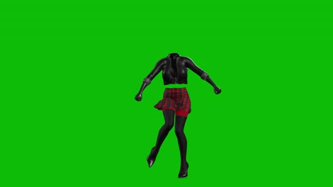 3D-invincible-woman-wearing-leather-jacket,-short-skirt-and-high-heels,-dancing-on-green-screen,-3D-animation