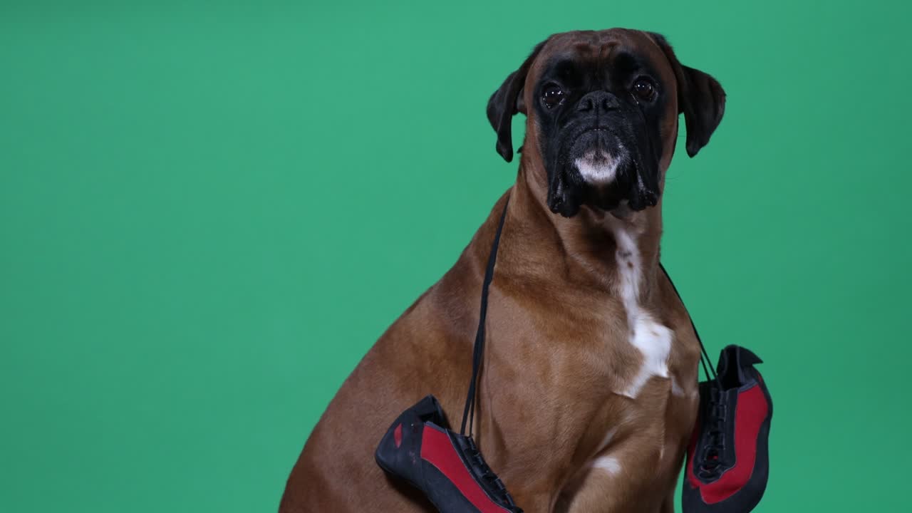 perro boxeador con zapatos de escalada en el fondo de chromakey.