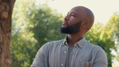 portrait of serious or thoughtful man standing outdoors in garden park or countryside