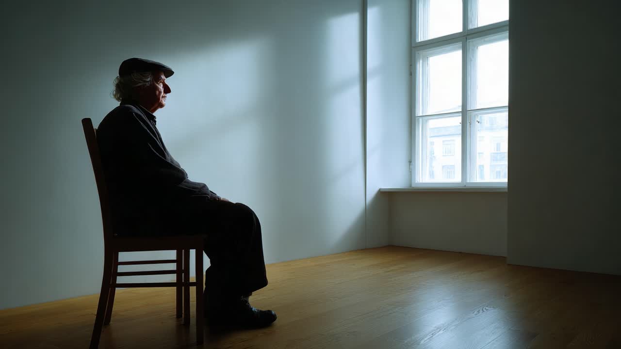 Una figura solitaria siede silenziosamente in una stanza scarsamente illuminata, fissando fuori dalla finestra, riflettendo sulla vita in toni tenui di luce e ombra, evocando una profonda contemplazione.