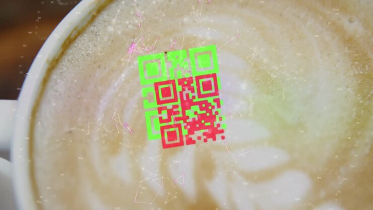 Animation of dots connecting and forming geometric shape, multicolored qr code over froth of coffee