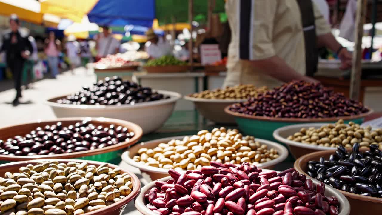 Variety of Beans and Olives at an Outdoor Market