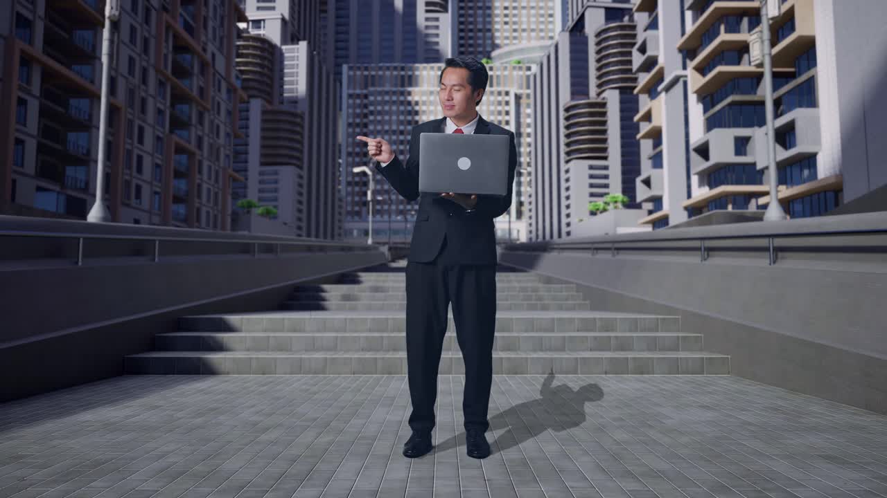 아시아 사업가 의 몸 이 가득 차 있으며, 노트북 컴퓨터 를 사용 하면서 미소 짓고 도시 의  을 가리키고 있다
