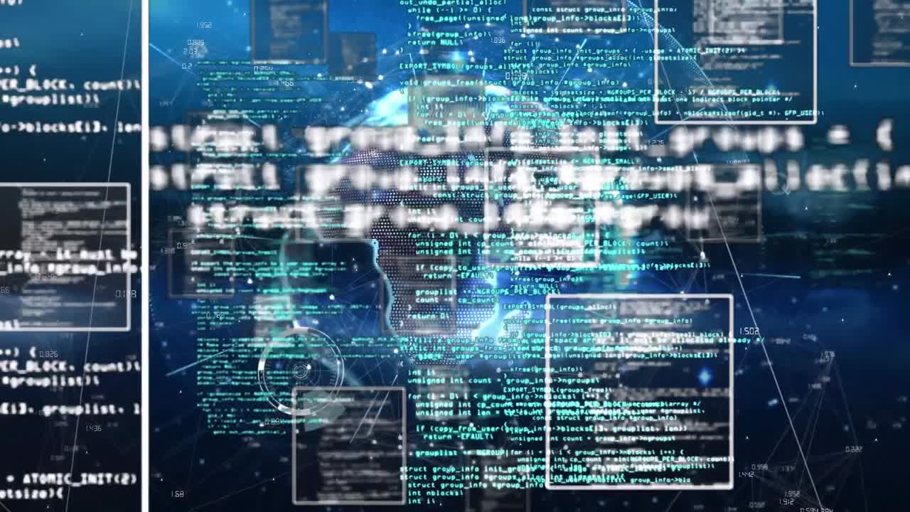 Animation of squares, 5g texts in circles and computer programming language over circle around globe