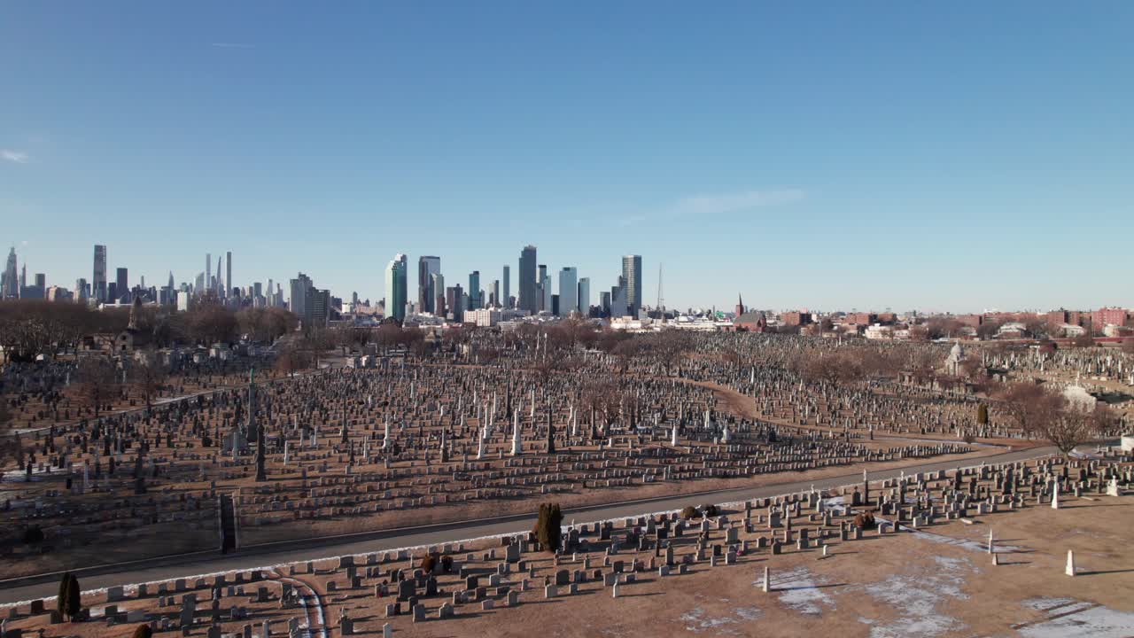 Aerial of headstones and memorials at Calvary Cemetery in New York, 4K