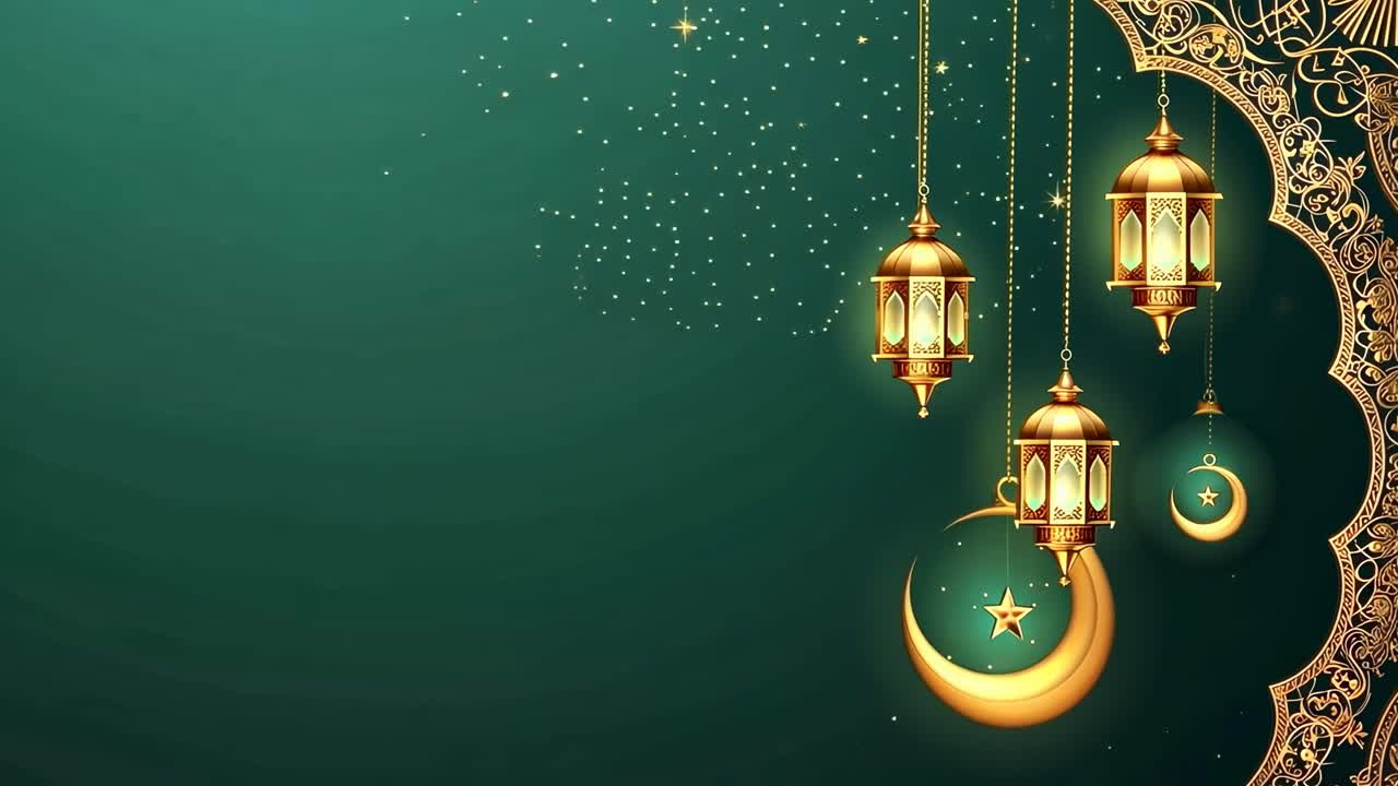 Ornate Islamic lanterns and crescent moon on a green background, viewed from a side angle