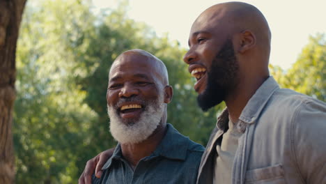 portrait of loving senior father with adult son standing outdoors in garden park or countryside