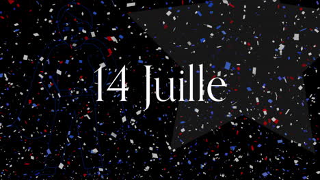 14 juillet text over animation of confetti and outline of person with cape