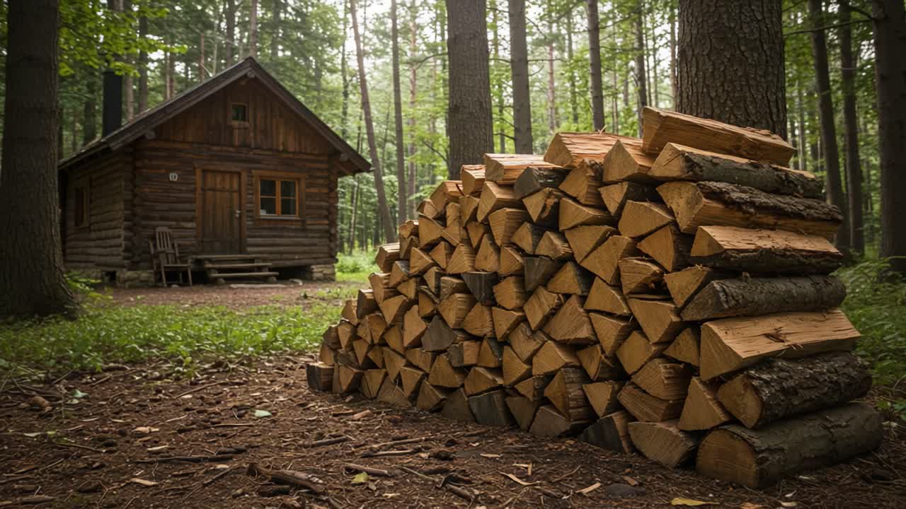 A Cozy Log Cabin Nestled in Serene Forest with a Stacked Pile of Firewood, Surrounded by Lush Greenery and Tall Trees Enhancing the Peaceful Wilderness Ambiance