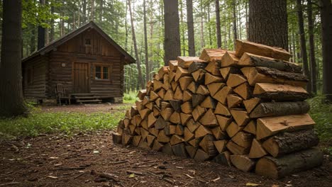 a cozy log cabin nestled in serene forest with a stacked pile of firewood, surrounded by lush greenery and tall trees enhancing the peaceful wilderness ambiance