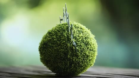 hands around a green globe. paper figures hold hands around a moss-covered globe symbolizing unity and environmental awareness in nature.