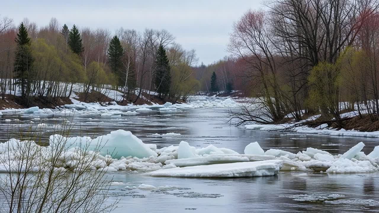 Tranquil Flow of a River Surrounded by Spring Ice and Eager Trees, Capturing the Stillness and Beauty of Nature's Change