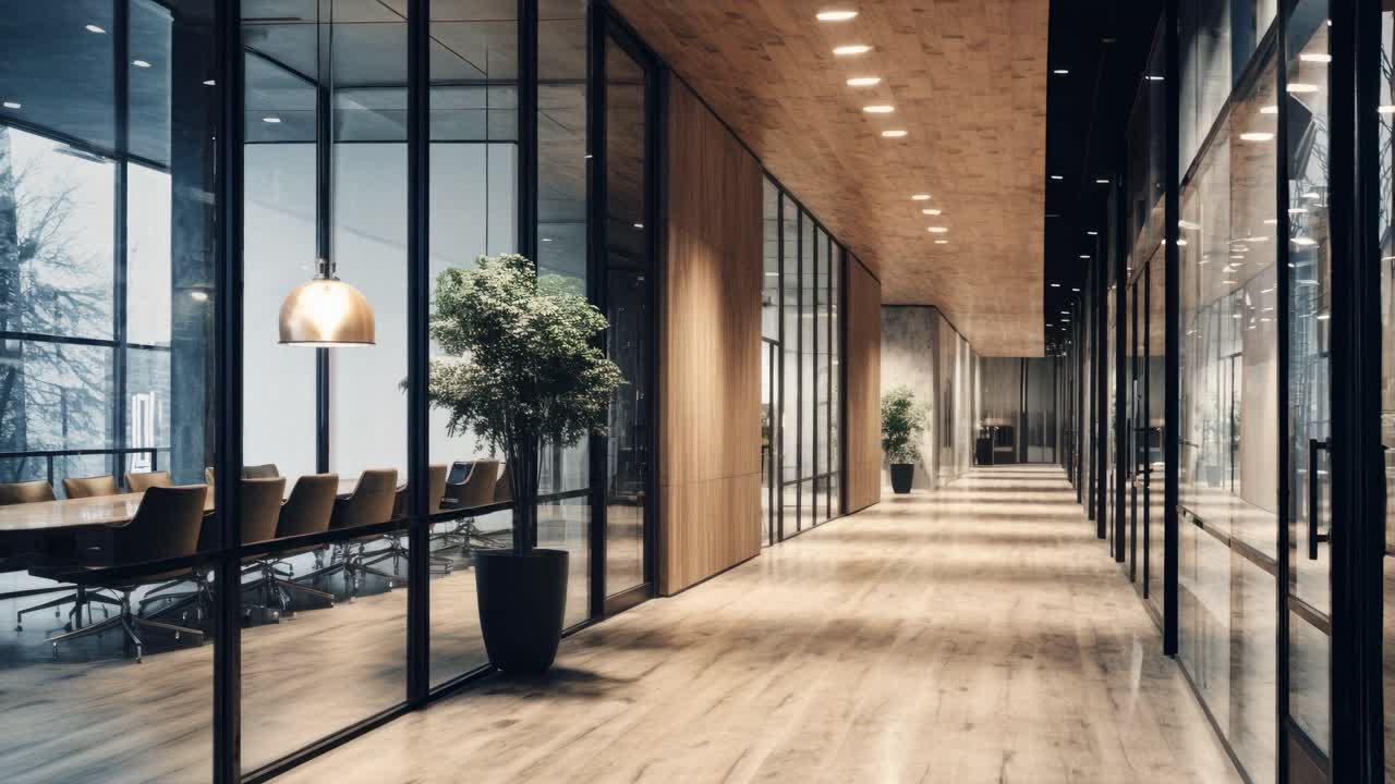 Wide-angle shot of a modern office hallway with glass walls and wooden floors, capturing a sleek