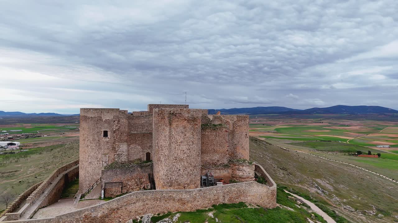 Drone view of Consuegra castle and windmills