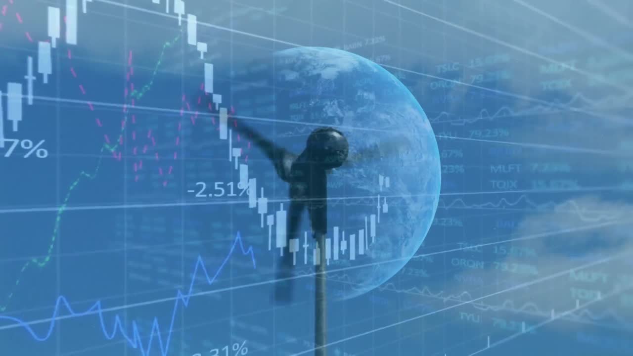 금융 데이터 처리의 애니메이션과 풍력 터빈 위의 지구