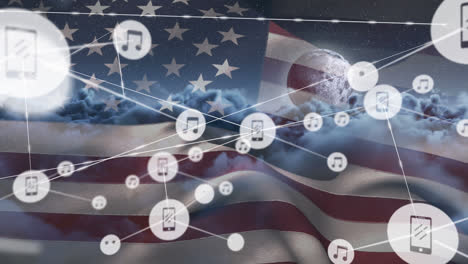 animation of network of connection and icons over usa flag and cloudy sky