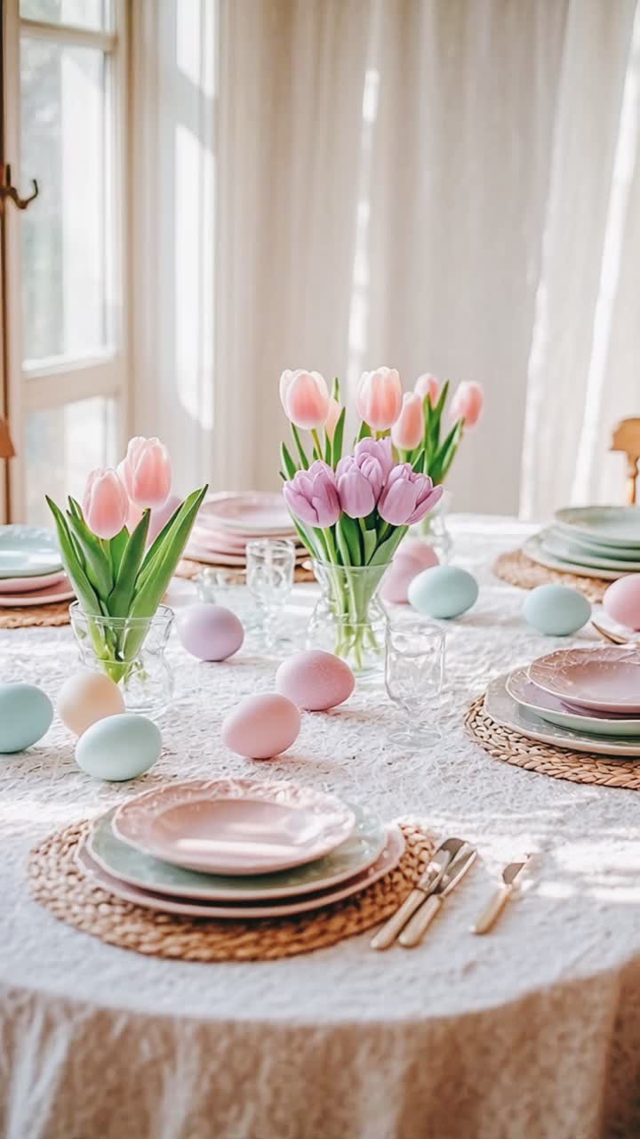 Pastel Easter Table Setting with Tulips and Decorated Eggs