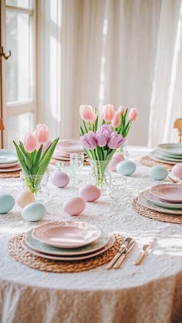 pastel easter table setting with tulips and decorated eggs