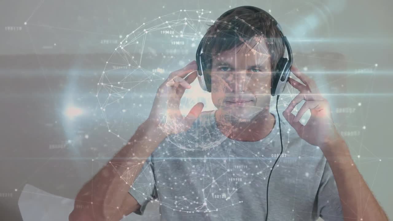 animación de la red de conexiones sobre el hombre caucásico escuchando música