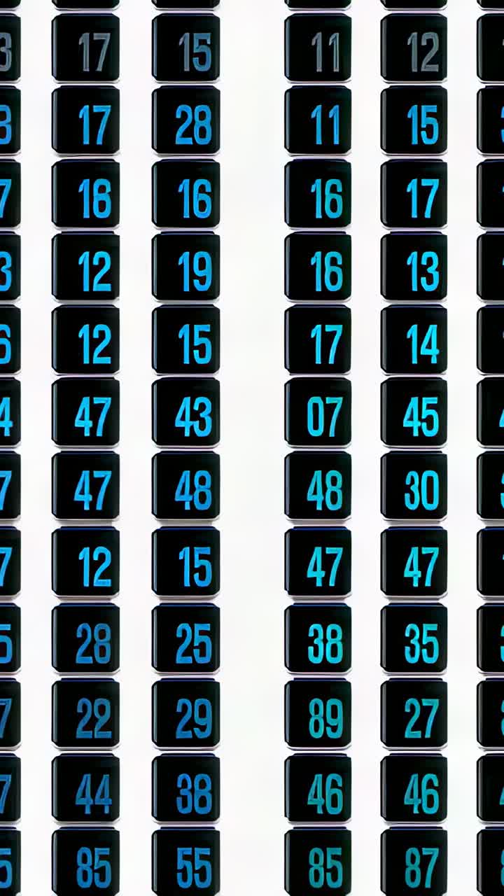 Video verticale: angolazione della camera con panoramica a destra su un pannello retroilluminato che riprende numeri a 2 cifre color turchese e blu